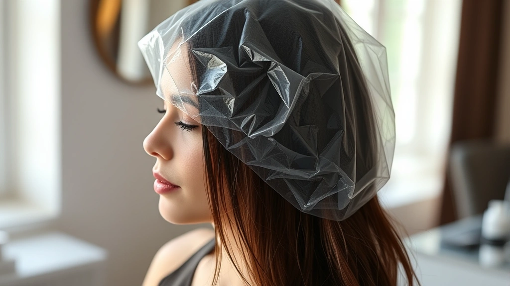 Woman with wet hair wrapped in clear plastic processing cap, sitting indoors with natural lighting, showing the waiting stage of hair coloring