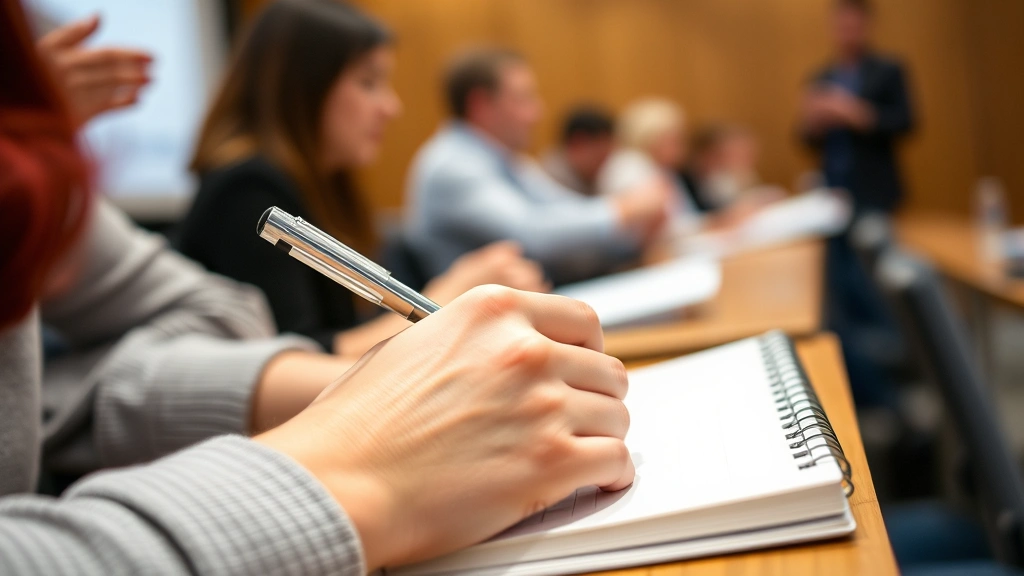 Close-up of student hands writing notes in a spiral notebook during a classroom lecture with blurred professor in background