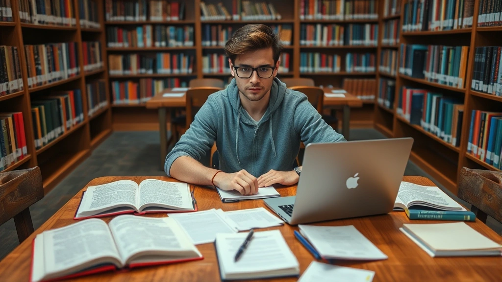 Student sitting at wooden library desk surrounded by open textbooks, laptop, coffee cup, and scattered notes, concentrated expression