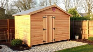 Completed wooden shed with pitched roof and single door, surrounded by landscaping and gravel base, afternoon natural lighting showing construction quality