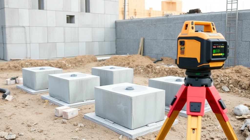 Concrete pier foundation blocks set level with transit laser on construction site, showing proper spacing and alignment for shed base