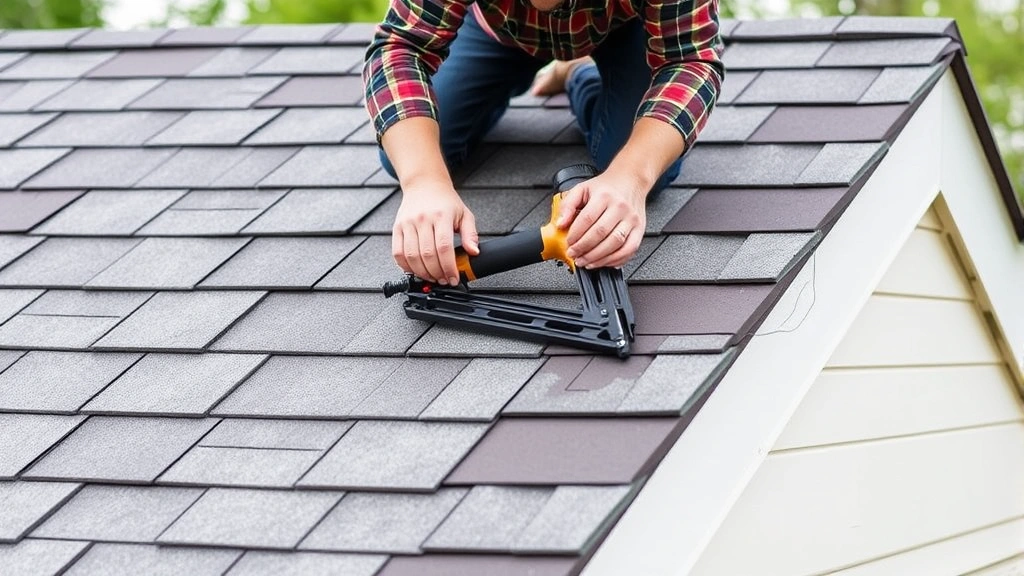 Worker installing asphalt shingles on pitched shed roof, demonstrating proper overlap and nail placement with roofing nailer
