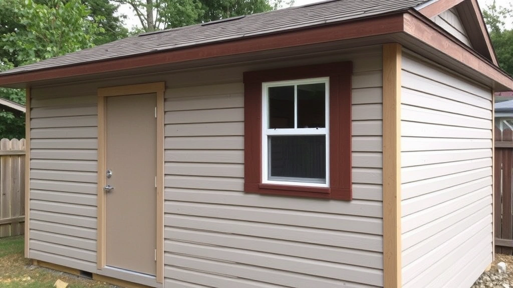 Completed shed exterior showing horizontal lap siding, installed door and window, with proper flashing and trim work finished