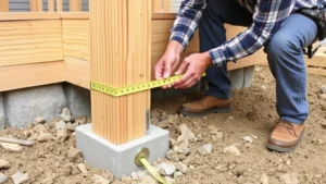 Professional carpenter installing pressure-treated deck posts into concrete footings on construction site, showing proper depth measurement and concrete setup