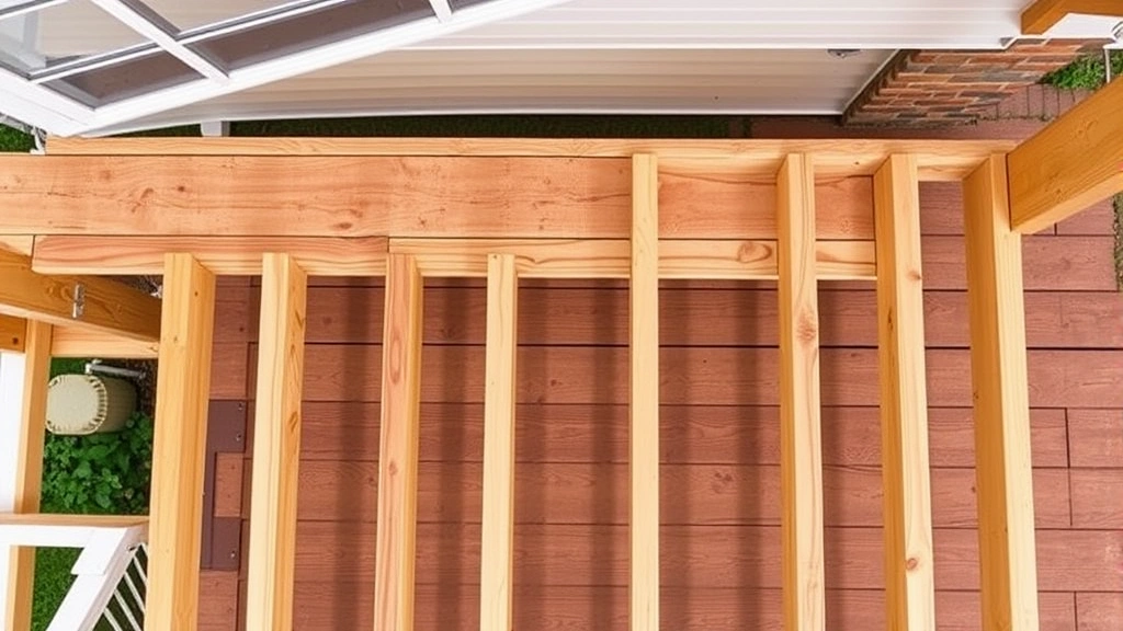 Overhead view of deck framing with joists aligned perpendicular to house ledger board, showing proper joist spacing and galvanized hardware connections