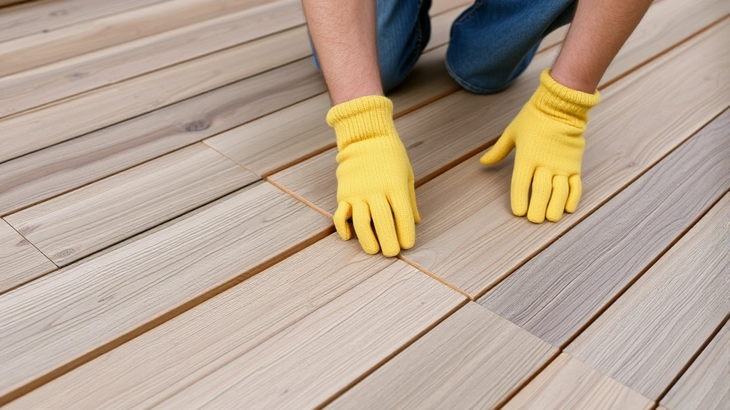Worker installing composite decking boards with consistent spacing gaps using spacer blocks, demonstrating proper fastener placement and board layout technique