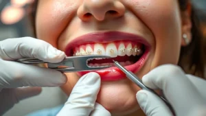 Close-up of orthodontist hands using specialized bracket removal pliers on patient's teeth, showing precise technique and professional dental equipment setup with overhead lighting