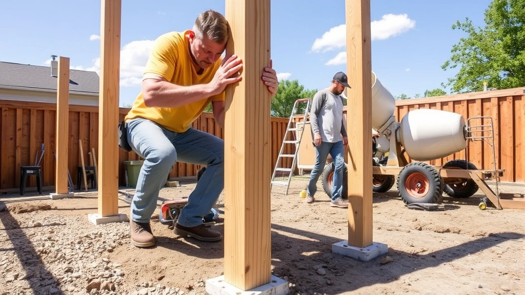 Professional carpenter installing pressure-treated wooden deck posts into concrete foundations on a sunny day, showing proper post placement technique with concrete mixer visible in background