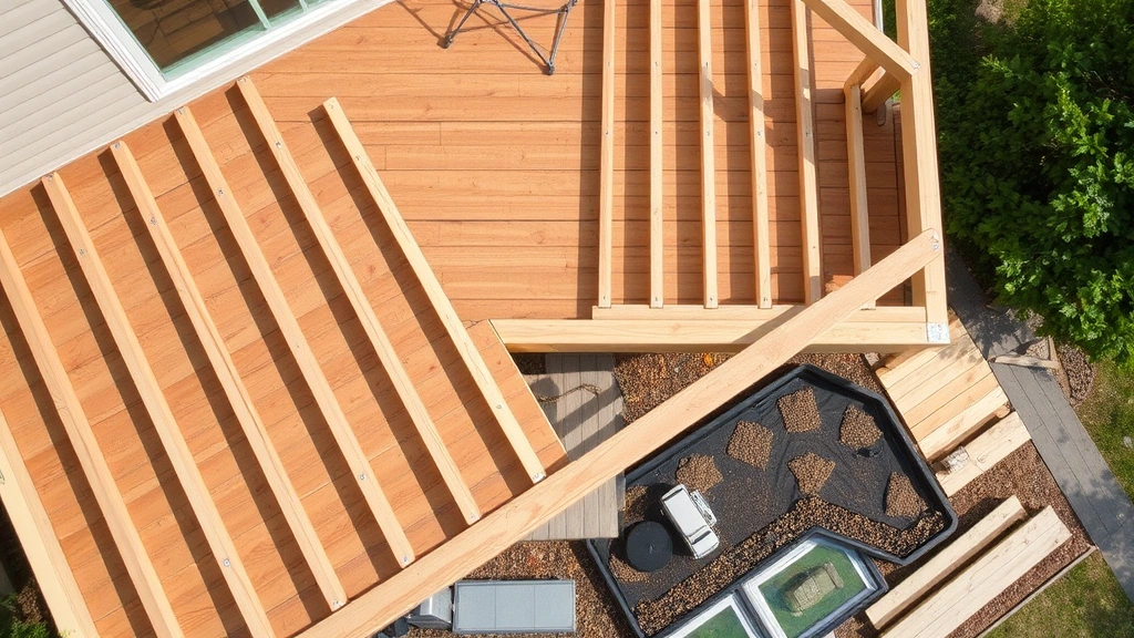 Aerial view of partially completed residential deck framing showing joists, beams, and ledger board attachment to house with galvanized fasteners clearly visible