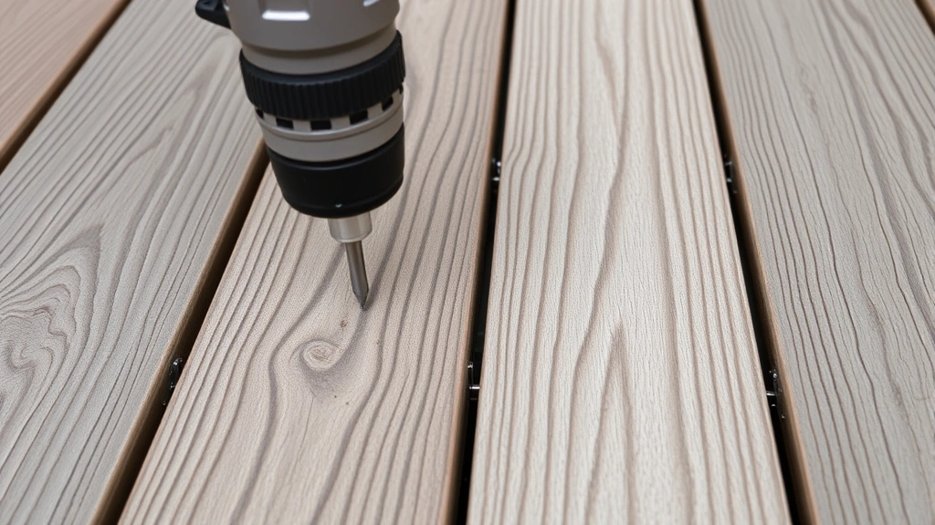 Close-up of composite decking board installation with power drill driving stainless steel screws into boards spaced on wooden joists, showing proper fastening technique