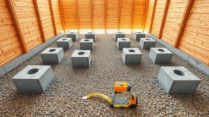 Wide-angle view of shed construction site with concrete pier foundation blocks arranged in grid pattern, gravel base visible, measuring tape and level tools on ground, bright daylight