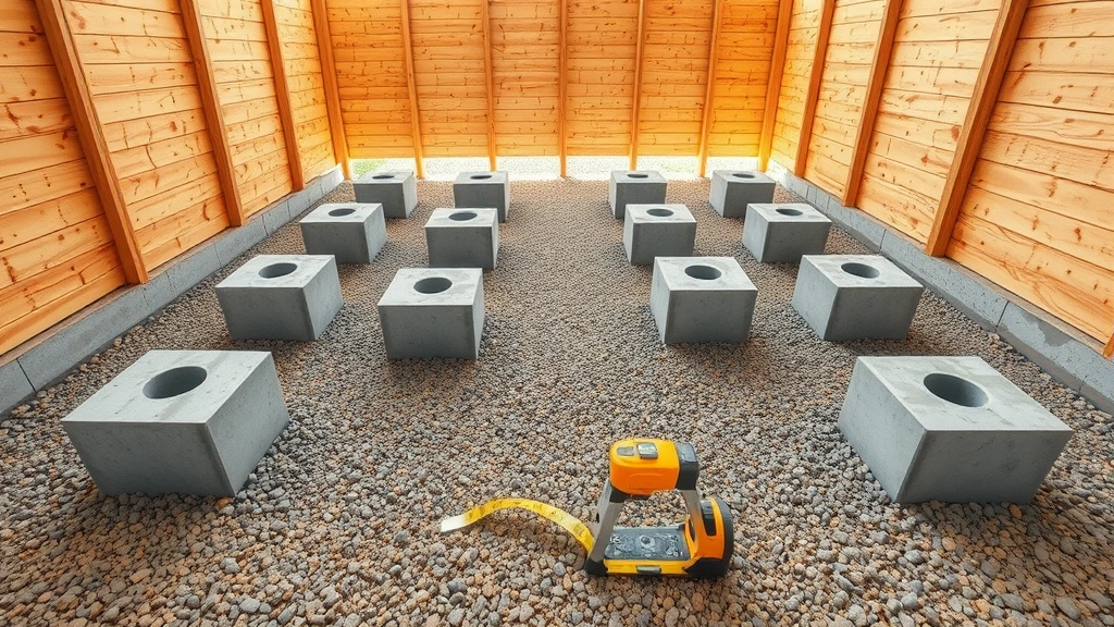 Wide-angle view of shed construction site with concrete pier foundation blocks arranged in grid pattern, gravel base visible, measuring tape and level tools on ground, bright daylight