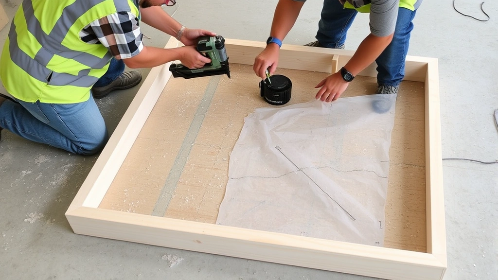 Two builders assembling wall frame flat on ground, using framing nailer and level, pre-cut studs and plates arranged in rectangular pattern, sawdust visible on work surface
