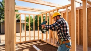 Professional carpenter framing wooden shed walls with 2x4 lumber, using nail gun and measuring tape, sunny construction site with completed foundation visible