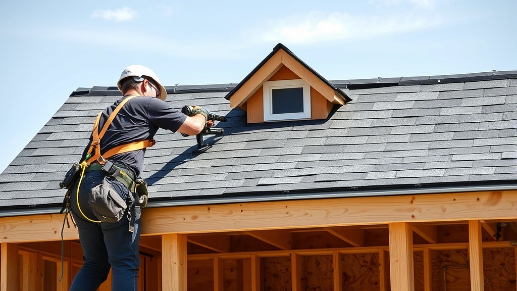 Worker installing asphalt shingles on shed roof, wearing safety harness, using roofing nailer with completed framing and sheathing visible below