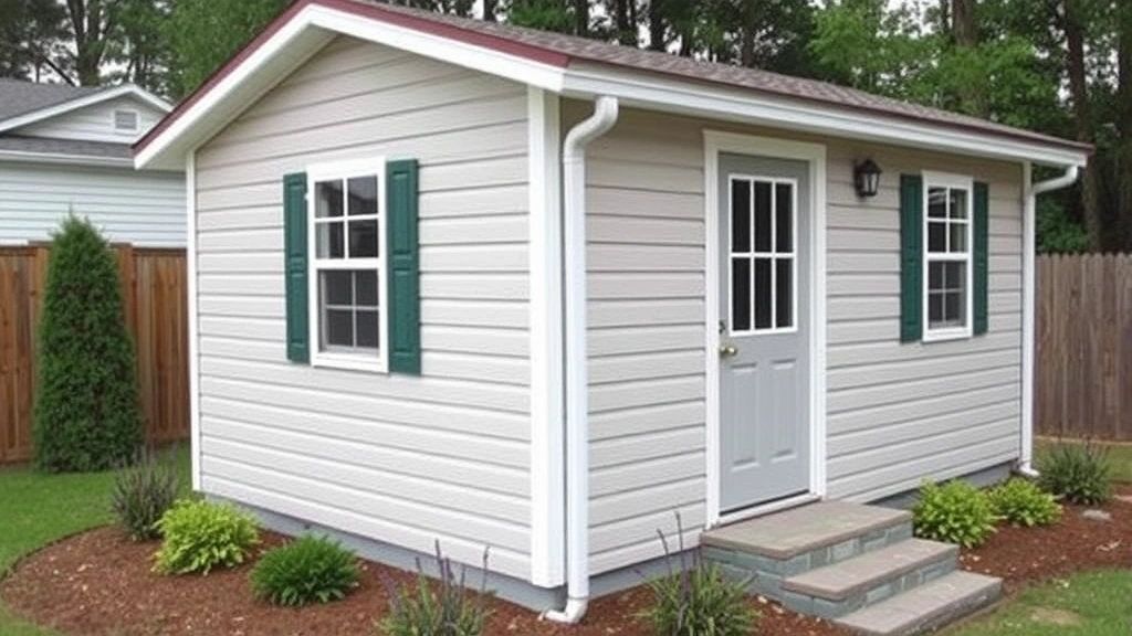 Completed shed exterior with finished siding, trim work, installed windows and door, gutters and downspouts, landscaping around foundation