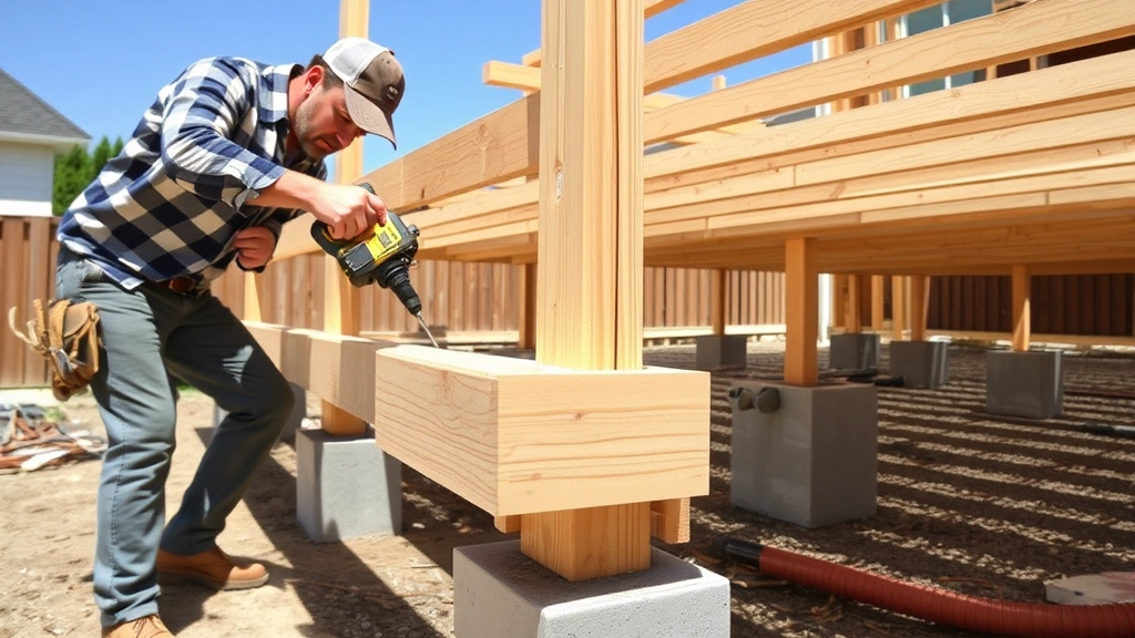 Professional carpenter installing pressure-treated wooden deck joists on concrete footings, using galvanized joist hangers and a power drill, clear sunny day with completed posts visible in background