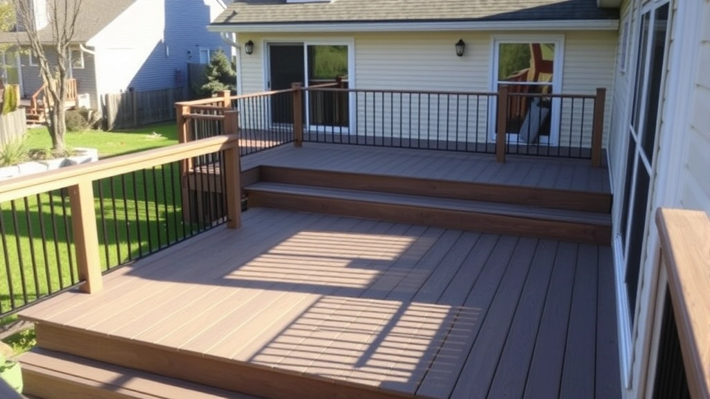 Completed multi-level wooden deck with composite decking boards, built-in seating, and black metal railings, afternoon shadows creating contrast, residential home visible in soft focus background