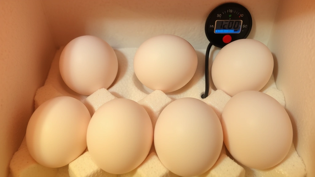 Close-up of chicken eggs in a homemade styrofoam incubator with digital thermometer and humidity gauge visible, showing proper egg positioning with pointed ends down, warm lighting