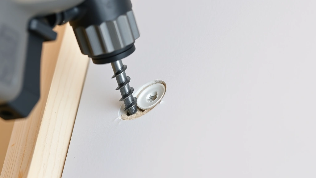 Close-up of drywall screw gun driver bit installing fastener into gypsum board sheet on wooden stud framing, showing proper countersinking depth with dimple in white surface