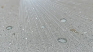 Close-up of wet concrete surface being sprayed with water mist during curing process, showing droplets on gray concrete with proper moisture application