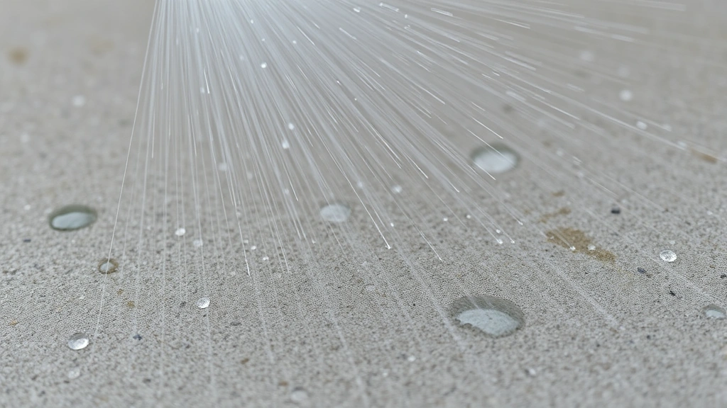 Close-up of wet concrete surface being sprayed with water mist during curing process, showing droplets on gray concrete with proper moisture application