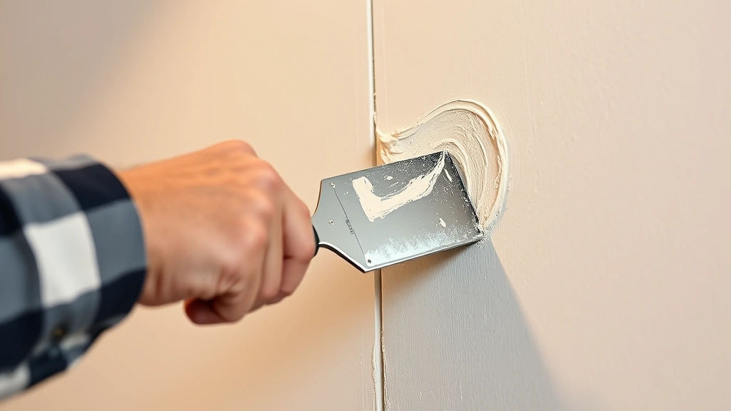 Wide-angle view of tradesperson applying joint compound to drywall seam using 10-inch taping knife with smooth feathering motion, showing three coats of mudding application