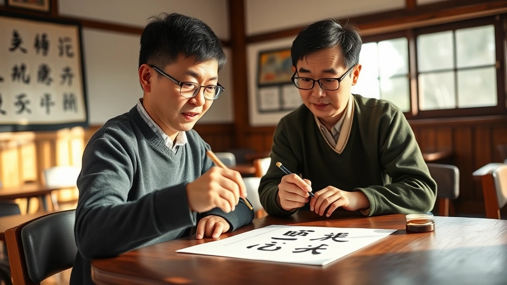 Native Mandarin speaker teaching character writing to student at wooden desk with calligraphy brush and ink, showing stroke order on paper, warm natural lighting, focused expression, authentic classroom setting