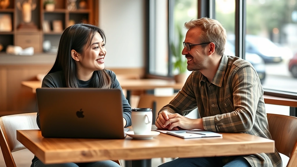 Language exchange conversation between two people at coffee shop table, laptops open, one Asian native speaker and one Western learner, both smiling, casual learning environment, natural window lighting, relaxed posture