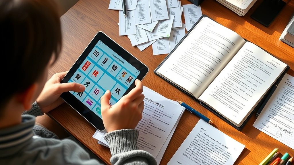 Student reviewing flashcards and Anki app on tablet while taking handwritten notes, scattered vocabulary cards, open Chinese textbook nearby, focused study posture at desk, afternoon lighting, organized study materials visible