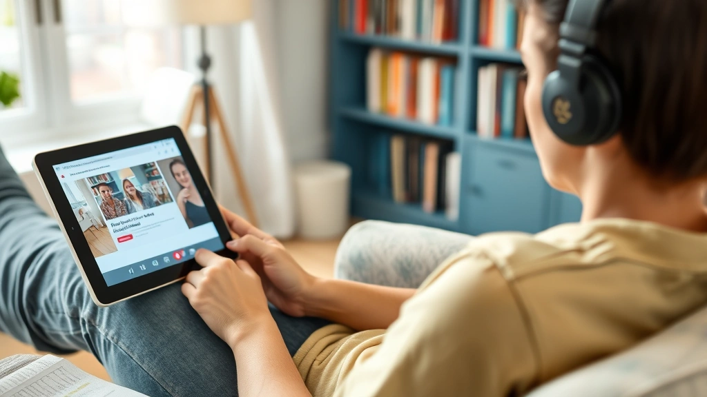 Person wearing headphones seated comfortably in a cozy armchair, looking at a tablet screen showing French video content, relaxed home learning environment with bookshelves visible in background
