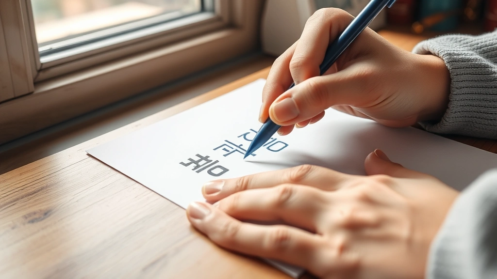 Close-up of a person's hand writing Korean Hangul characters on white paper with a blue pen, wooden desk visible, natural window lighting, focused expression