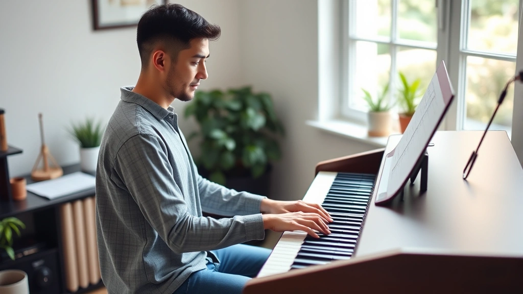 Adult beginner pianist practicing at weighted keyboard, proper posture with straight back and relaxed shoulders, home study environment, natural window light