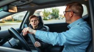 Young learner driver receiving instruction from certified professional driving instructor in vehicle during daylight hours in suburban residential area with clear road visibility