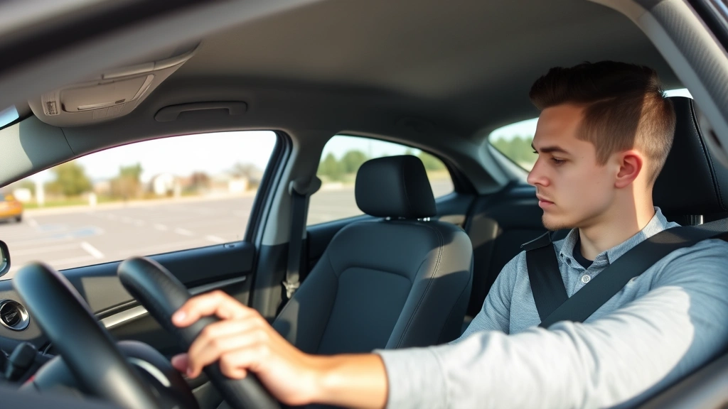 Professional driving instructor providing guidance to young learner in vehicle during daytime practice session in parking lot with road markings visible