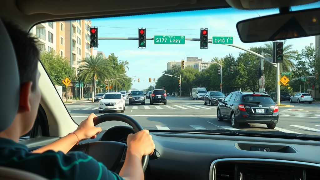 Learner driver confidently navigating busy urban intersection with traffic signals and multiple vehicles during daylight hours with proper vehicle positioning