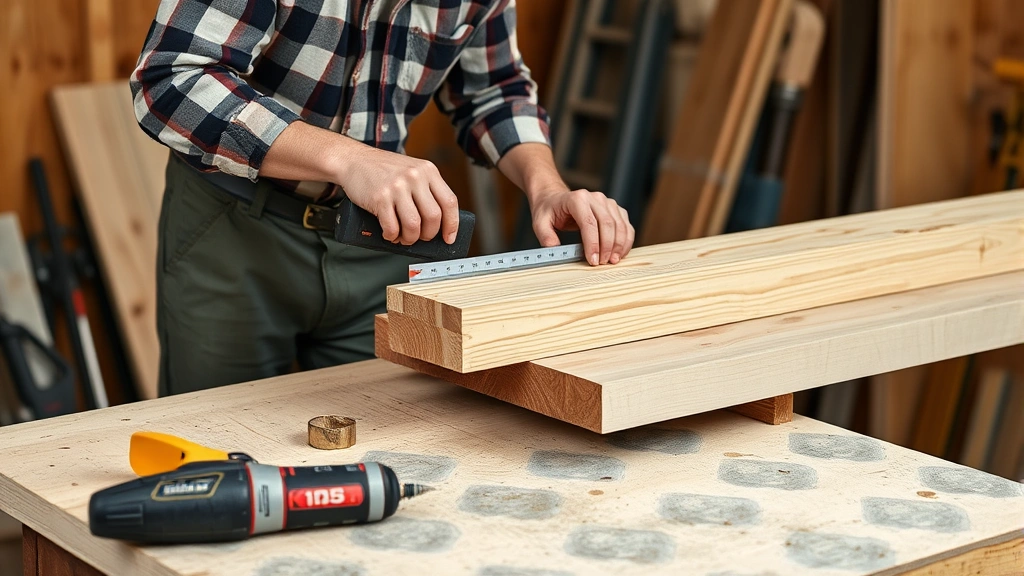 Professional carpenter measuring and marking pressure-treated lumber on a workbench with construction tools, showing precise framing layout for shed wall construction