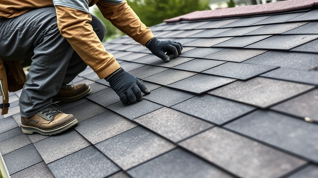 Worker installing asphalt roof shingles on a shed gable roof with proper nail placement, showing roofing underlayment and metal flashing details