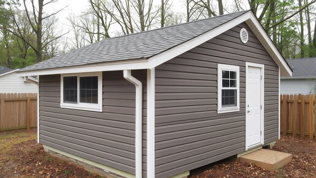 Completed shed structure displaying finished siding installation, painted exterior, installed windows, and properly positioned gutter system with downspout