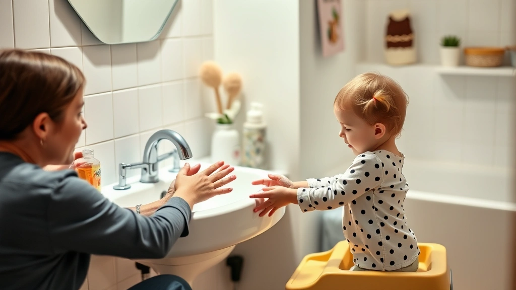 Parent and toddler washing hands together at sink with step stool, bathroom supplies organized at child height, warm lighting, positive interaction