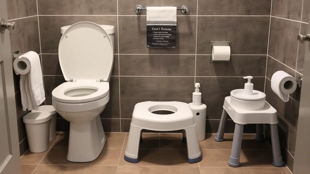 Bathroom setup showing child-friendly potty training essentials including seat reducer, step stool, and accessible supplies, clean modern bathroom design