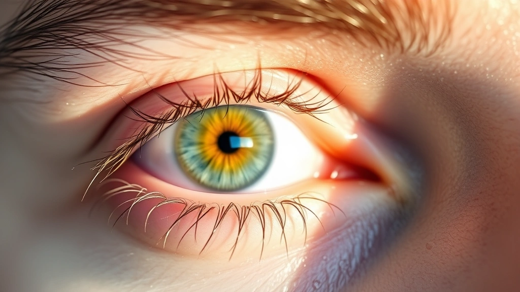 Close-up view of a patient's eye during post-LASIK healing phase, showing clear cornea with natural tear film, gentle lighting reflecting from eye surface, peaceful expression indicating comfort