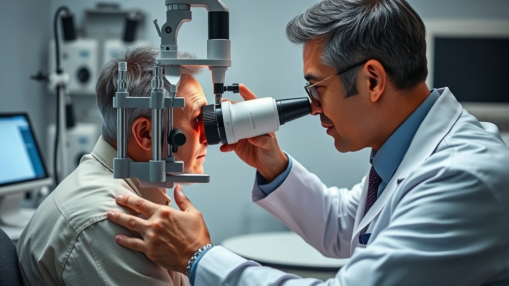 Ophthalmologist performing post-operative eye examination on patient using slit lamp equipment, measuring healing progress, professional clinical setting with medical instruments visible