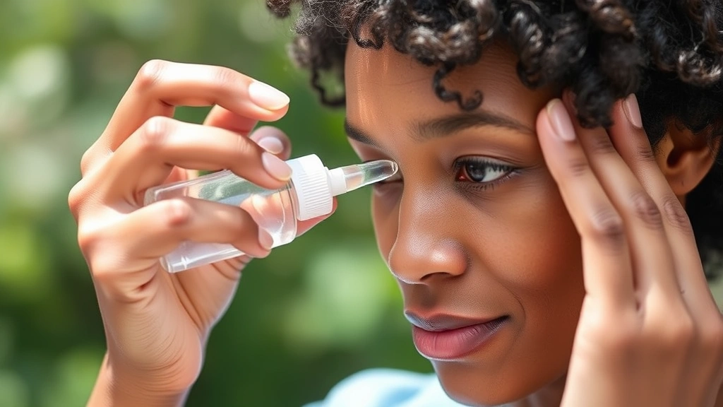 Patient applying preservative-free artificial tears to eye during recovery period, demonstrating proper technique with dropper bottle, natural daylight setting, focused expression