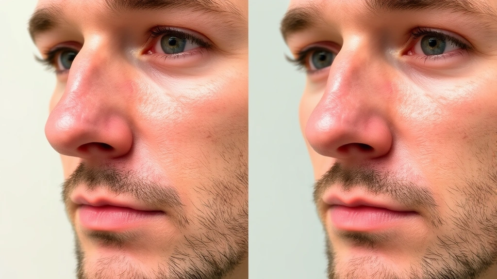Professional male patient with minimal bruising and swelling at 2-week post-operative rhinoplasty checkup, natural lighting in medical office, showing nasal healing progress