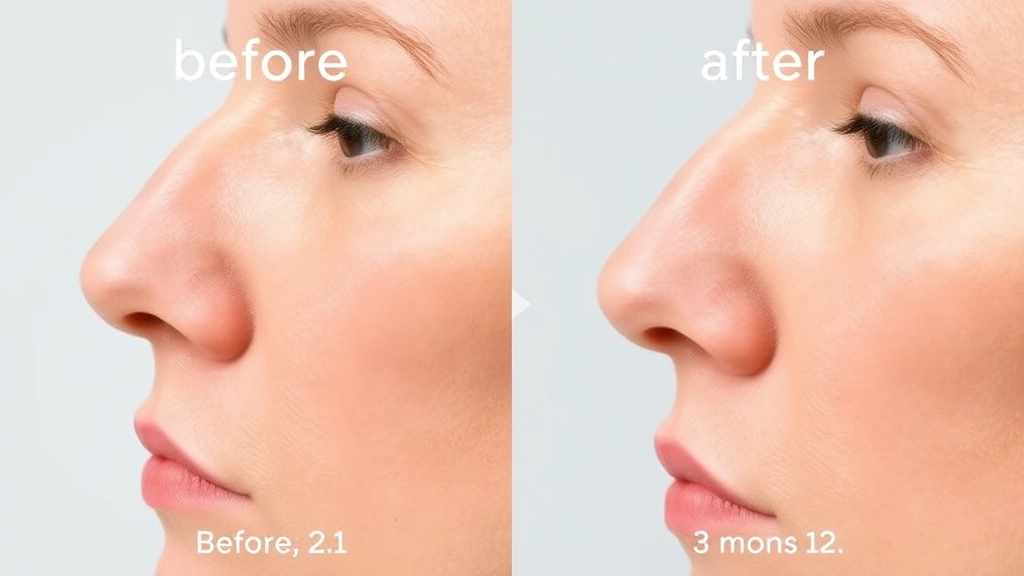 Before and after comparison timeline showing nasal healing progression from immediate post-op through 3-month mark, medical photography style, clean neutral background