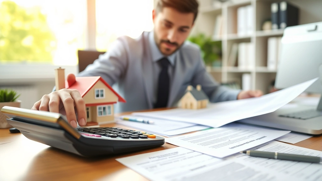 Professional mortgage banker reviewing loan documents and calculator at desk with home model, natural lighting, paperwork organized