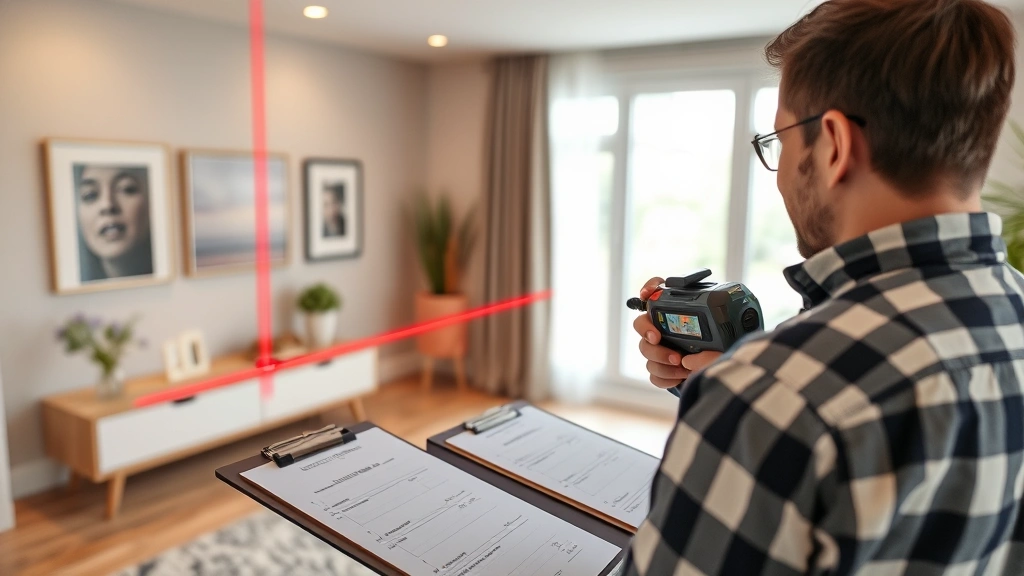 Home appraiser measuring interior room dimensions with laser measurement tool, clipboard visible, modern residential interior