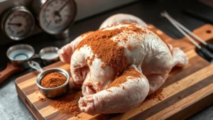 Whole raw chicken with dry rub applied on a wooden cutting board next to smoker thermometer and measuring spoons, professional lighting showing texture detail