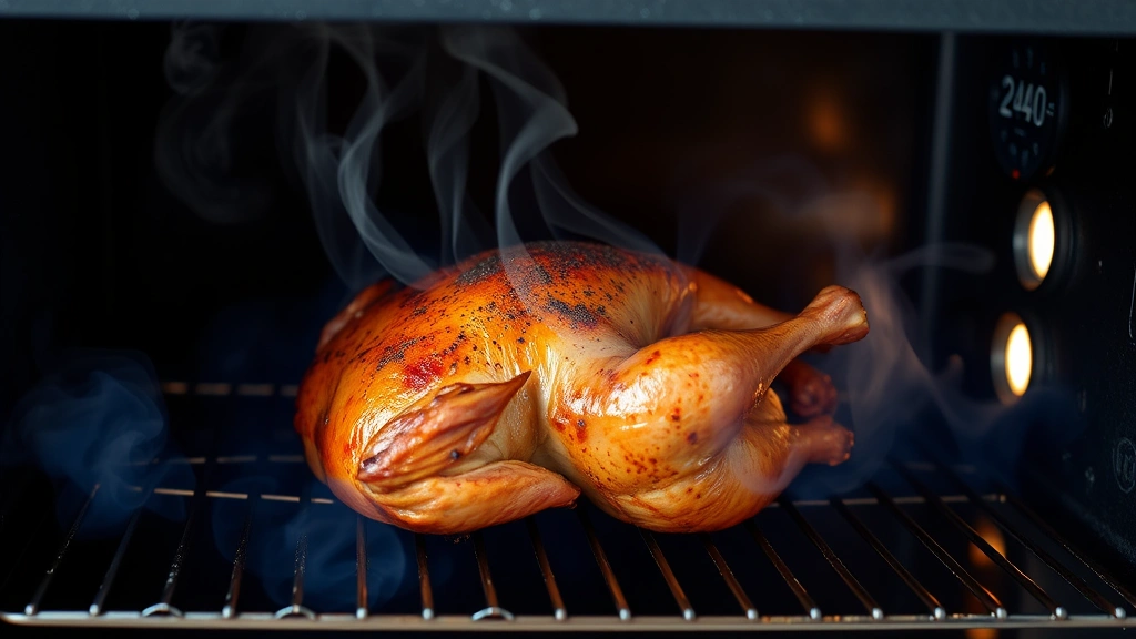 Smoked whole chicken on wire rack inside smoker chamber with thin blue smoke wisping around it, internal smoker temperature gauge visible at 240 degrees